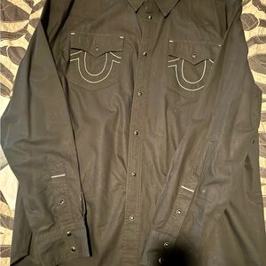 True Religion Black Casual Button Down Shirt with Western Stitching